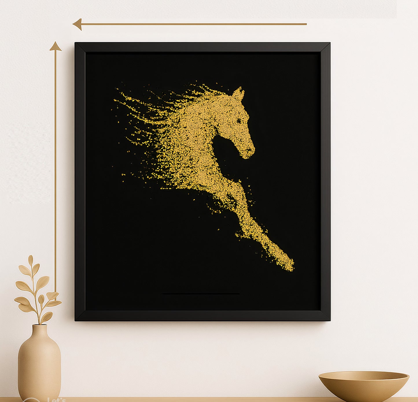 Golden Horse from Darkness | Painting Masterpiece in High Glossy Black Acrylic with Beautiful Wall Hanging Wood Frame